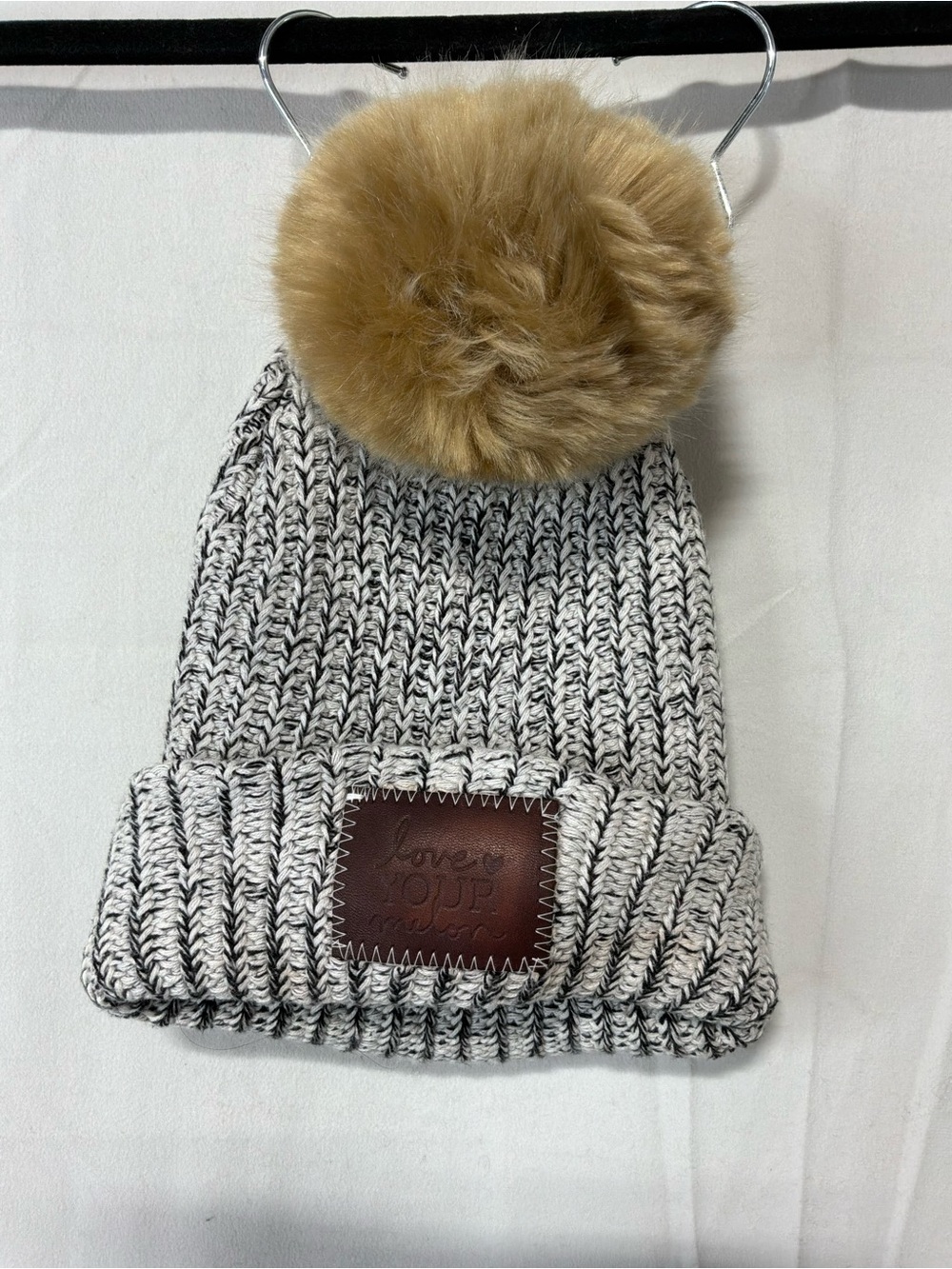 Love Your Melon Black & Cream Marled Knit Beanie with Tan Faux Fur Pom